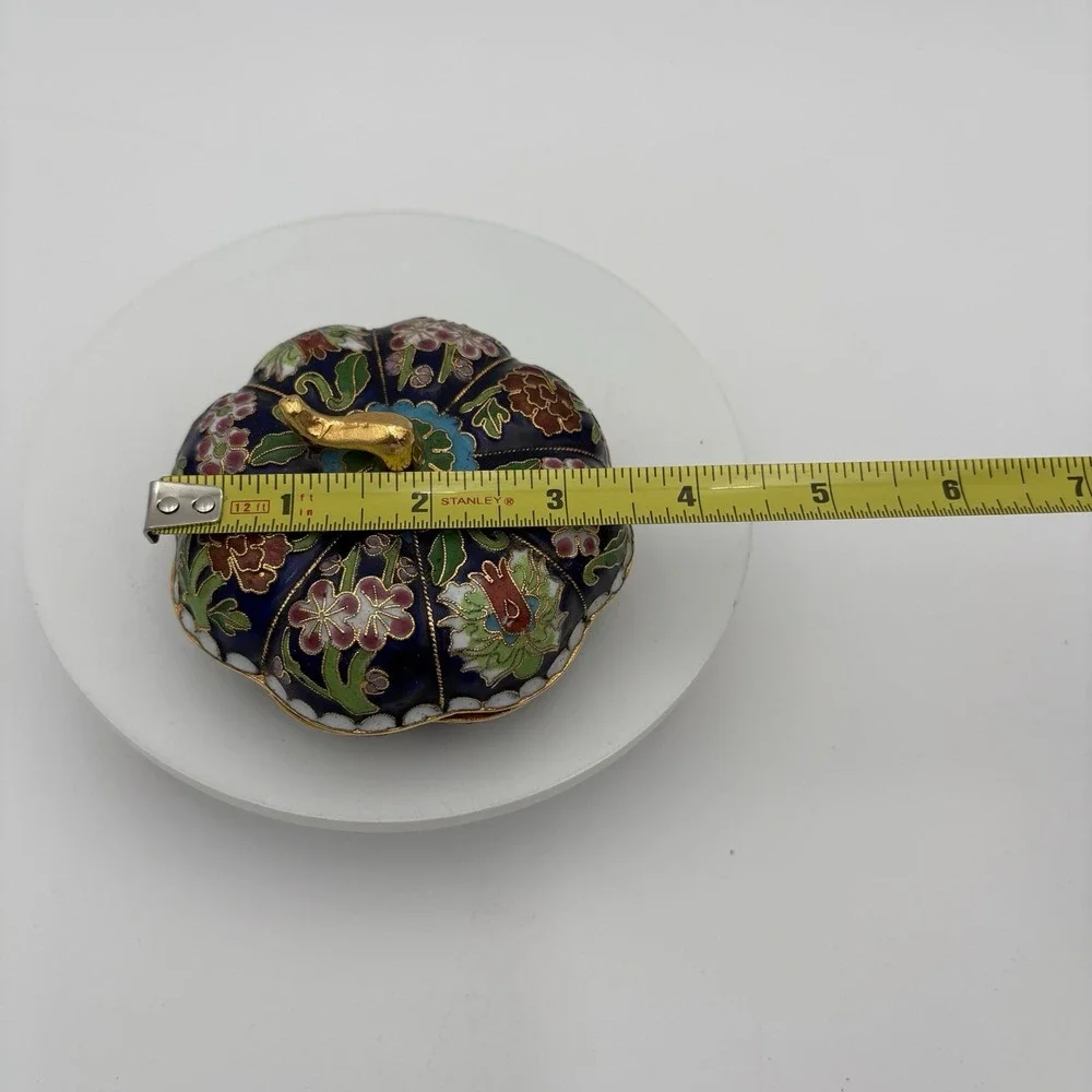 VTG Cloisonne Lidded Pumpkin Shaped Trinket Box China Blue Enamel‎ 3 1/2